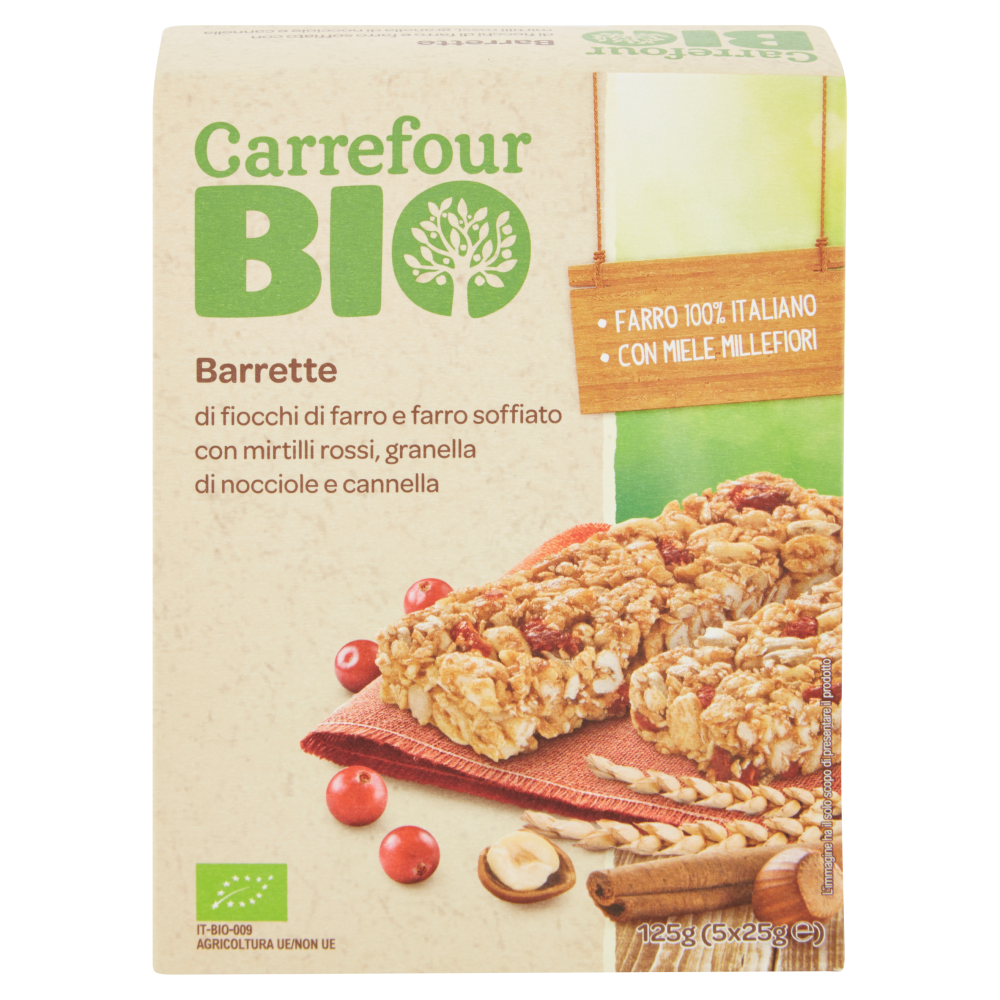 Carrefour Bio Barrette di fiocchi di farro e farro soffiato con mirtilli rossi 5 x 25 g