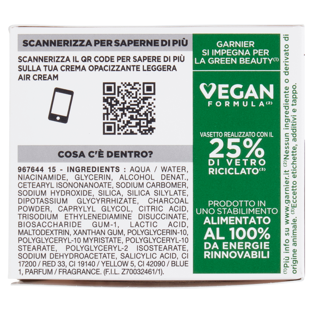 Garnier PureActive Air Cream AHA+BHA con Carbone - Crema Opacizzante Leggera 50 ml