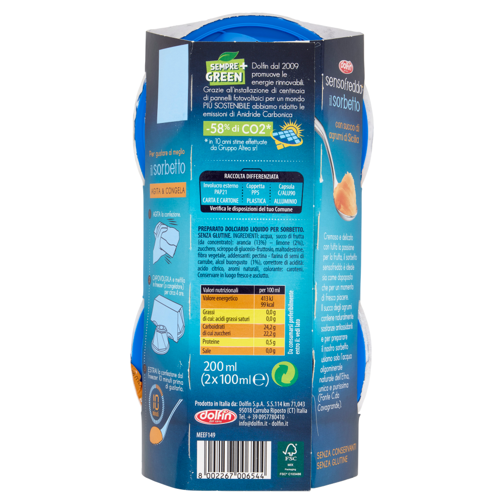 dolfin sensofreddo il sorbetto con succo di agrumi di Sicilia 2 x 100 ml