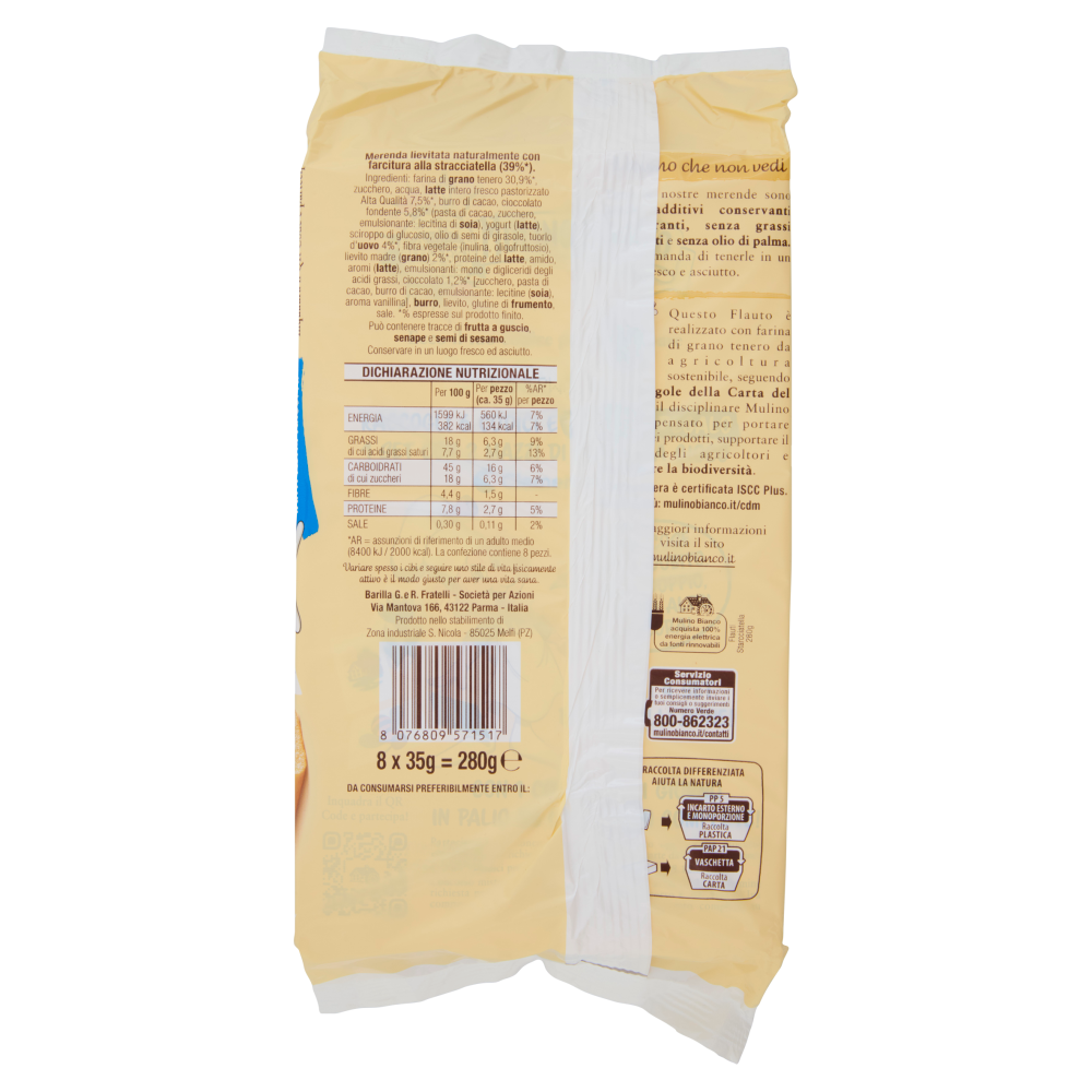 Mulino Bianco Flauti Stracciatella Merenda con 100% Latte Fresco Italiano 8 pezzi 280g