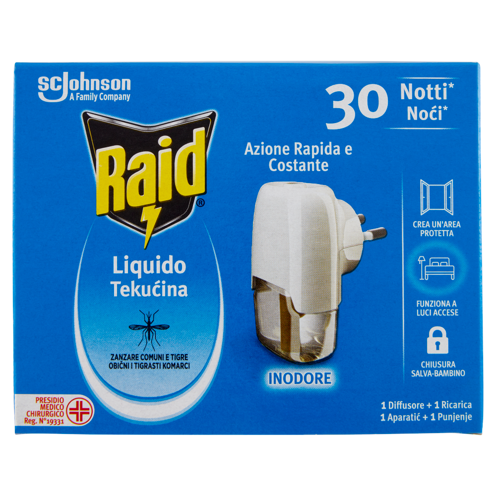 Raid Liquido Elettrico Antizanzare Contro Zanzare, 1 Base e 1 Ricarica 21 ml, 30 Notti