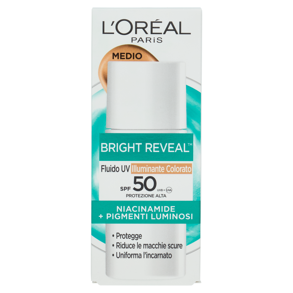 L'Oréal Paris Bright Reveal Fluido UV Illuminante Colorato SPF50 Medio, 50 ml