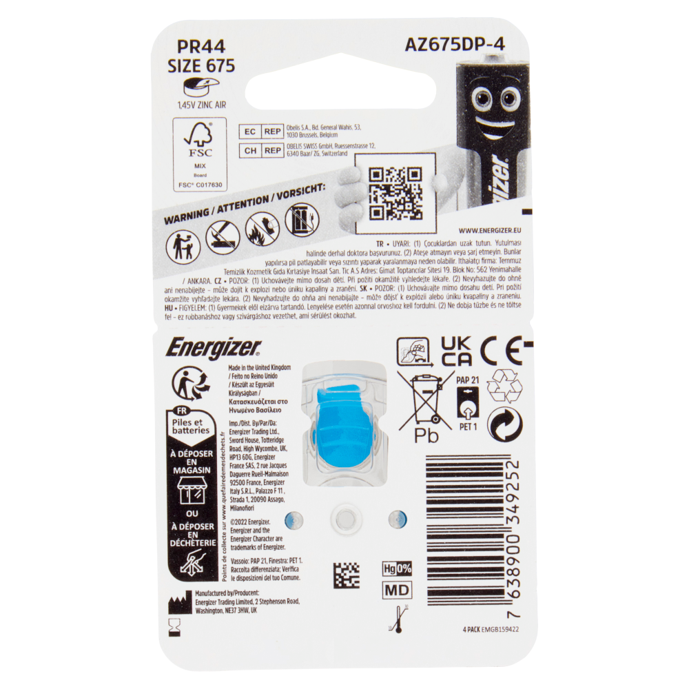 Energizer PR44 Size 675 Zinc Air Hearing Aid Batteries 4 pz