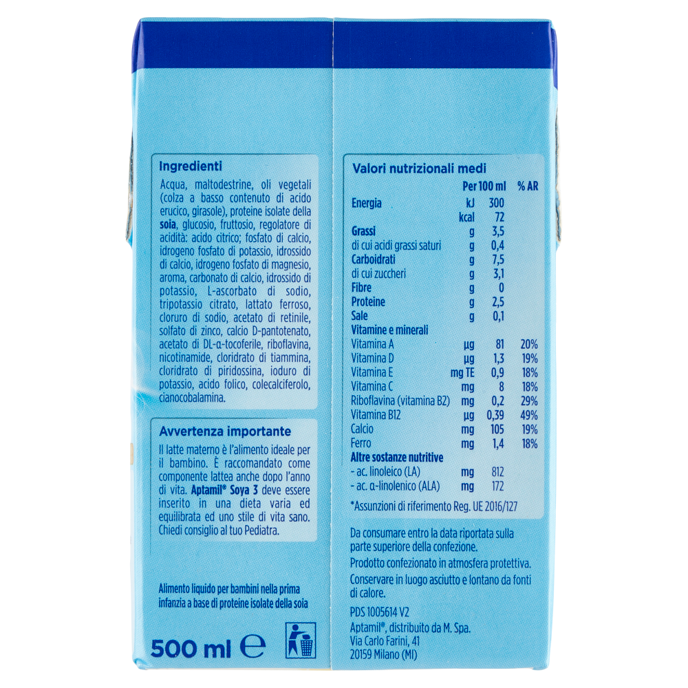 APTAMIL Soya 3 - Latte di Crescita Liquido, dal 12° mese compiuto, Senza Lattosio, 500ml