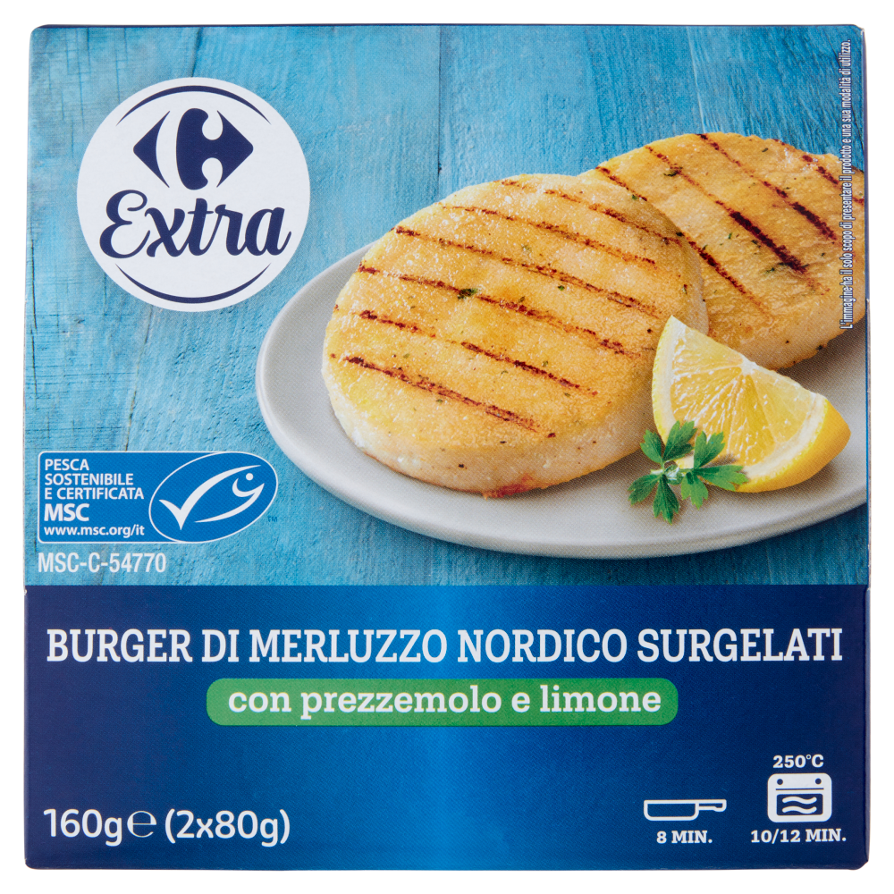 Carrefour Extra Burger di Merluzzo Nordico Surgelati con prezzemolo e limone 2 x 80 g