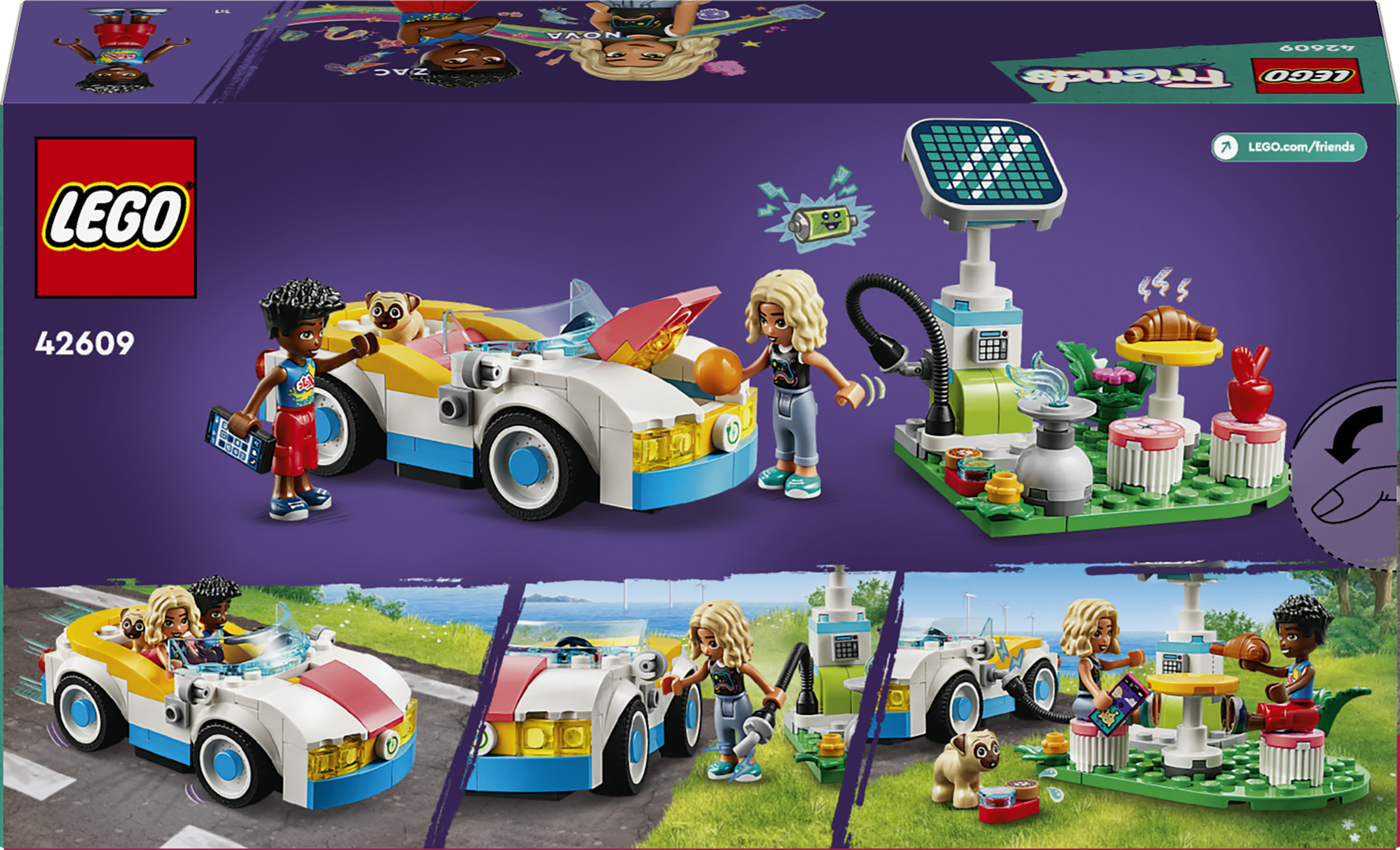LEGO Friends 42609 Auto Elettrica e Caricabatterie, Giochi per Bambini di 6+ Anni con Macchina Giocattolo e 2 Mini Bamboline