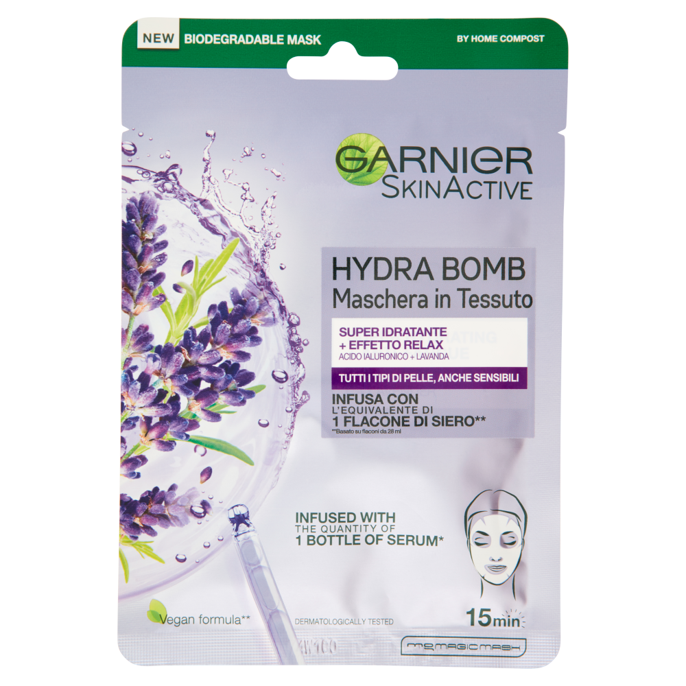 Garnier Maschera in Tessuto SkinActive Hydra Bomb Lavanda, Formula Super Idratante Effetto Relax 28g