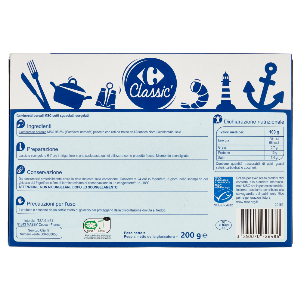 Carrefour Classic Gamberetti Boreali Cotti e Sgusciati Surgelato 200 g