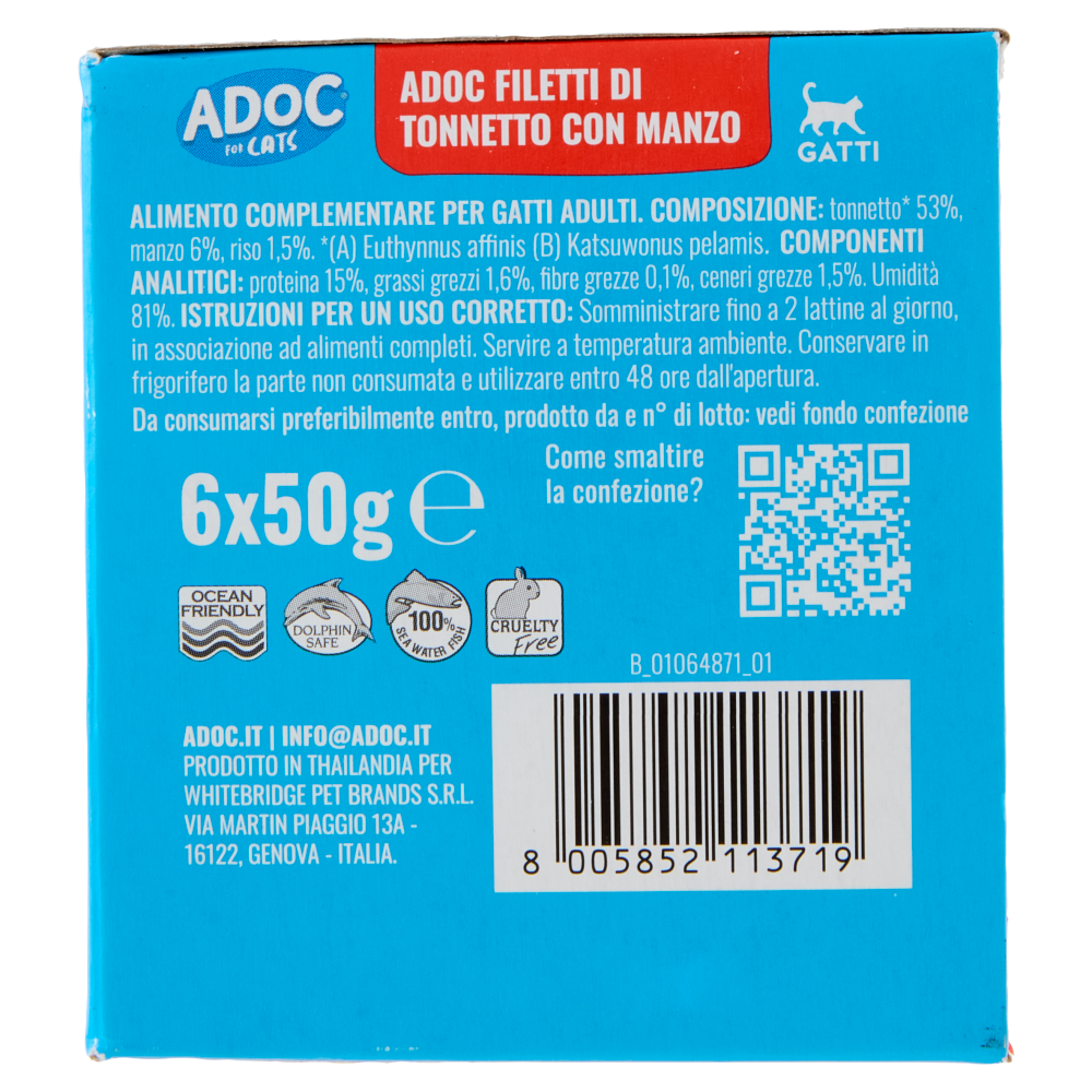 ADoC For Cats Naturally Premium Filetti di Tonnetto con Manzo in Gelatina 6 x 50 g
