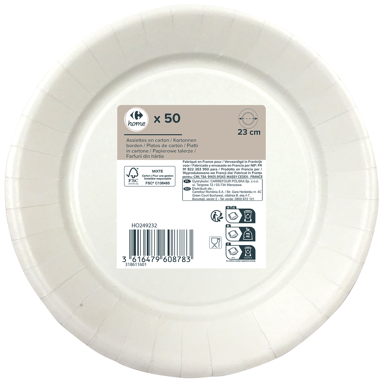 50 Piatti CRF in cartoncino diam 23cm Bianco FSC (220g)