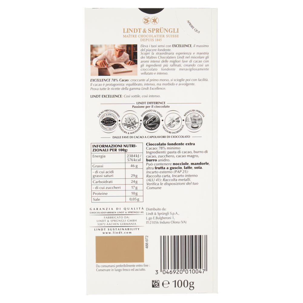 Lindt Excellence Tavoletta Cioccolato Fondente 78% 100 g
