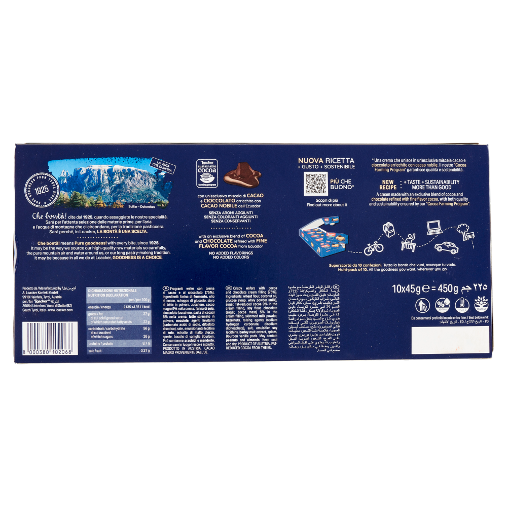 Loacker Wafer Classic Cremkakao Wafers con crema al cioccolato e cacao 10 x 45 g