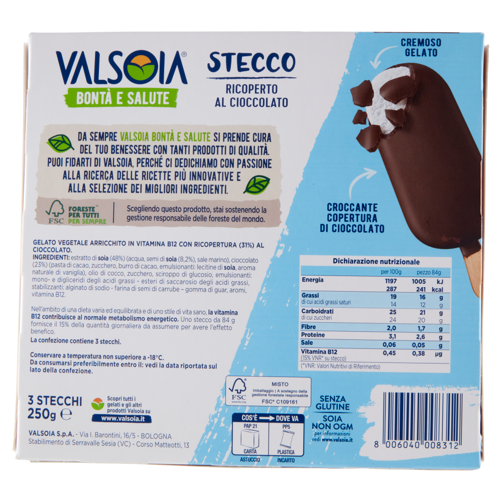 Valsoia Bontà e Salute Stecco Ricoperto al Cioccolato 3 x 84 g