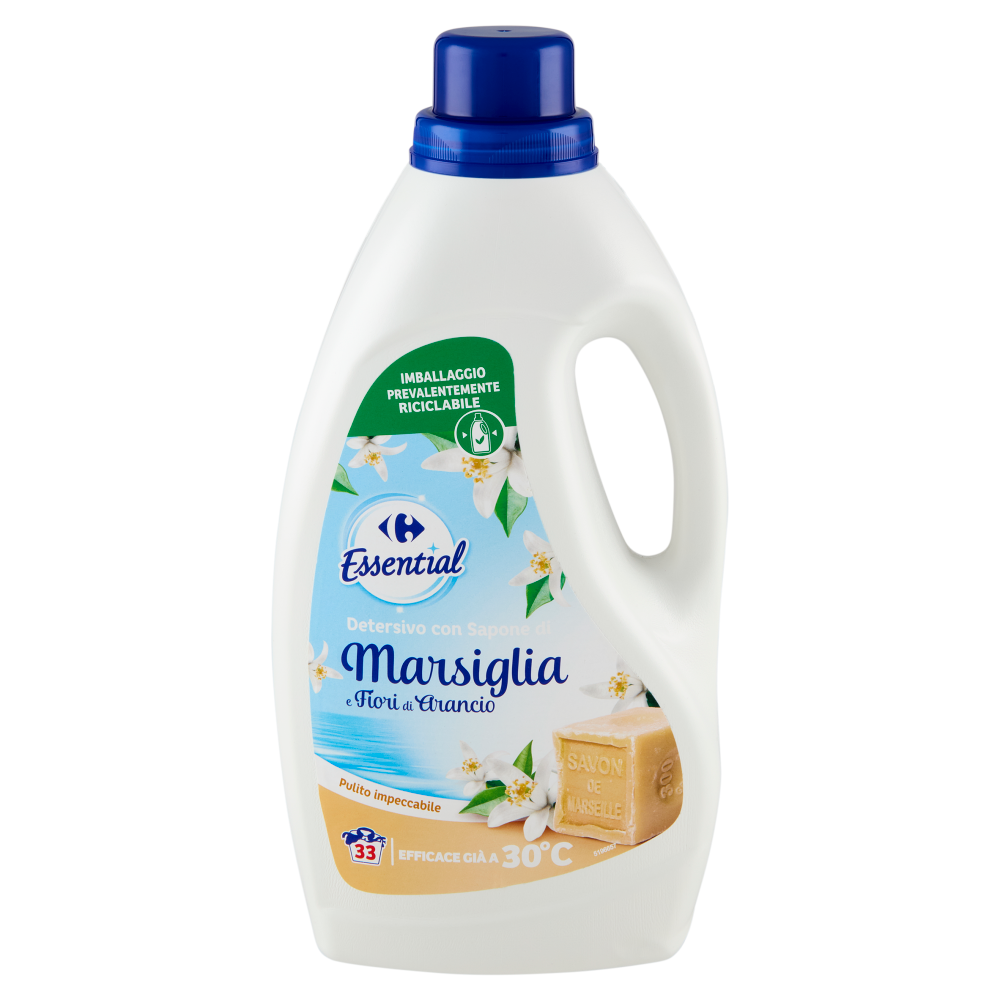 Carrefour Essential Detersivo con Sapone di Marsiglia e Fiori di Arancio 33 Lavaggi 1,485 L