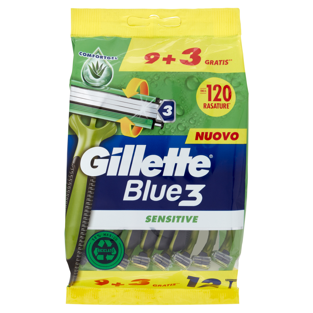 Gillette Rasoio Uomo Blue3 Sensitive Usa e Getta a 3 Lame, Confezione da 9 rasoi+3 Gratis = 12 Rasoi