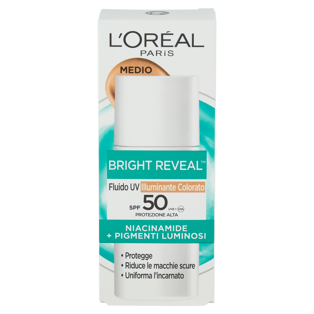 L'Oréal Paris Bright Reveal Fluido UV Illuminante Colorato SPF50 Medio, 50 ml