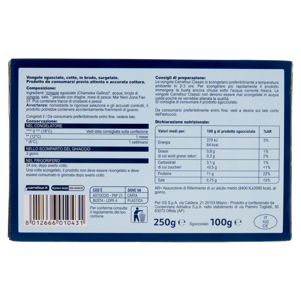 Carrefour Classic Vongole Cotte e Sgusciate Surgelate 250 g