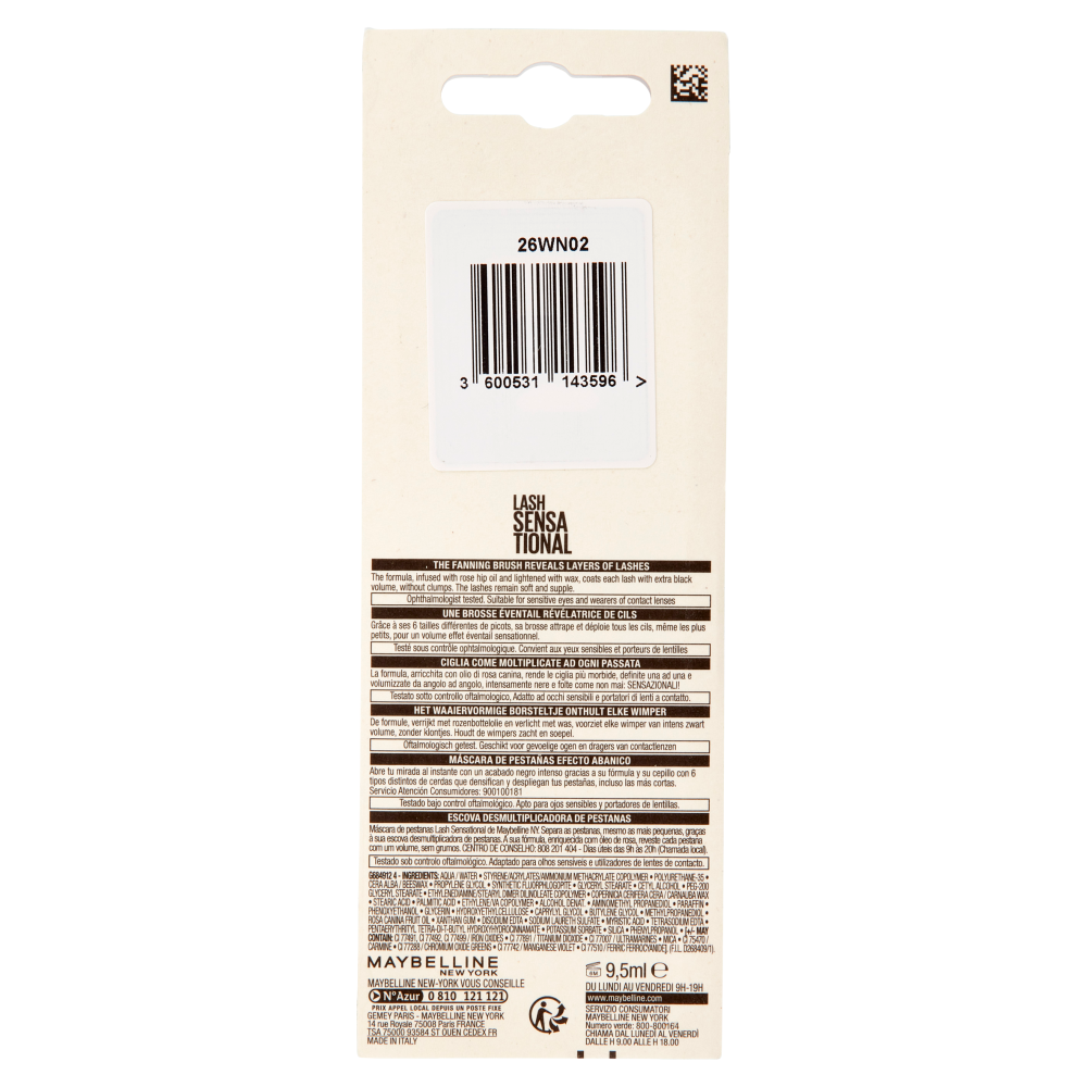 Maybelline New York Mascara Ciglia Sensazionali, Volumizzante, Very Black, 9.5 ml