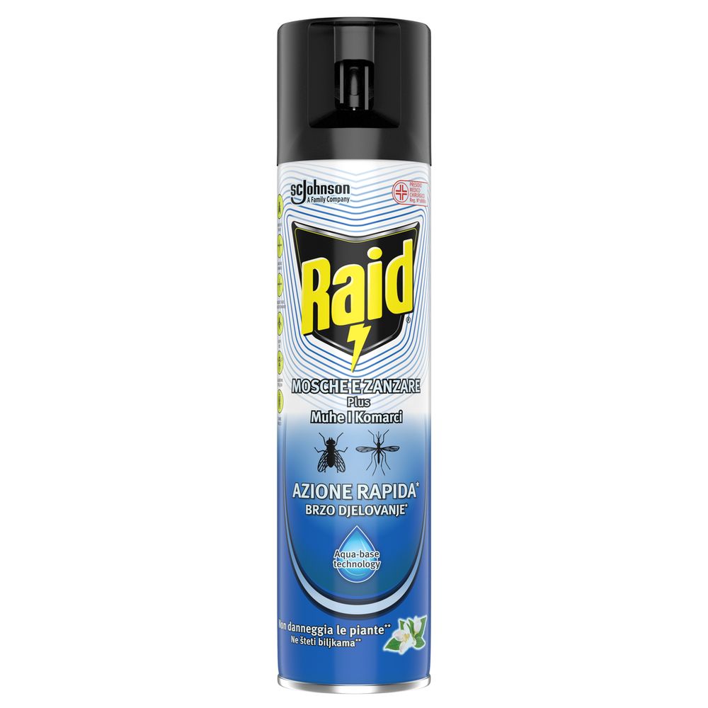 Raid Mosche e Zanzare Spray Aqua-Base, Azione Rapida contro Mosche e Zanzare, 400 ml