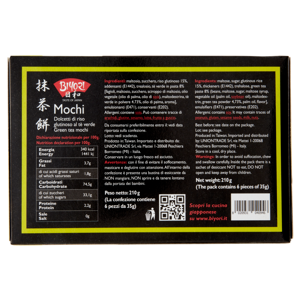 Biyori Mochi Dolcetti di riso glutinoso al tè verde 6 x 35 g