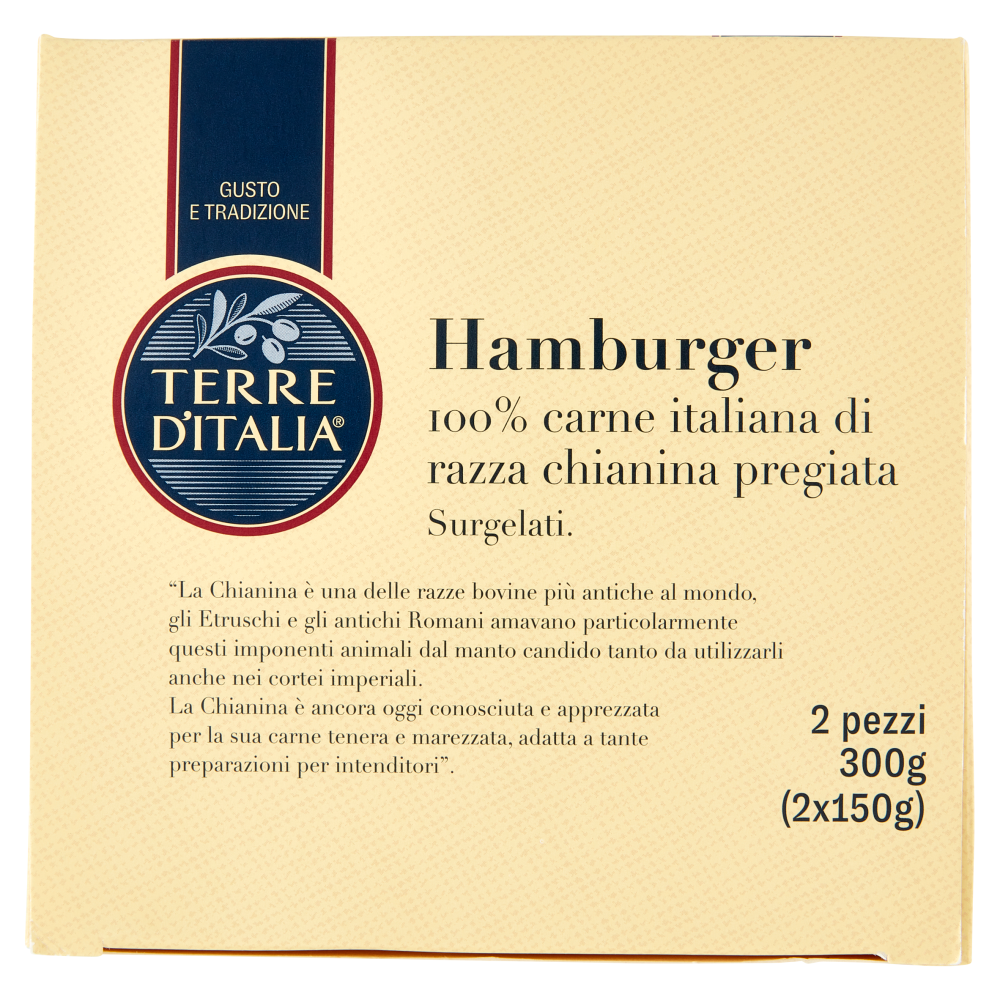 Terre d'Italia Hamburger 100% carne italiana di razza chianina pregiata Surgelati 2 x 150 g