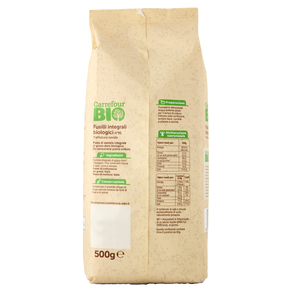Carrefour Bio Fusilli integrali biologici n°91 500 g