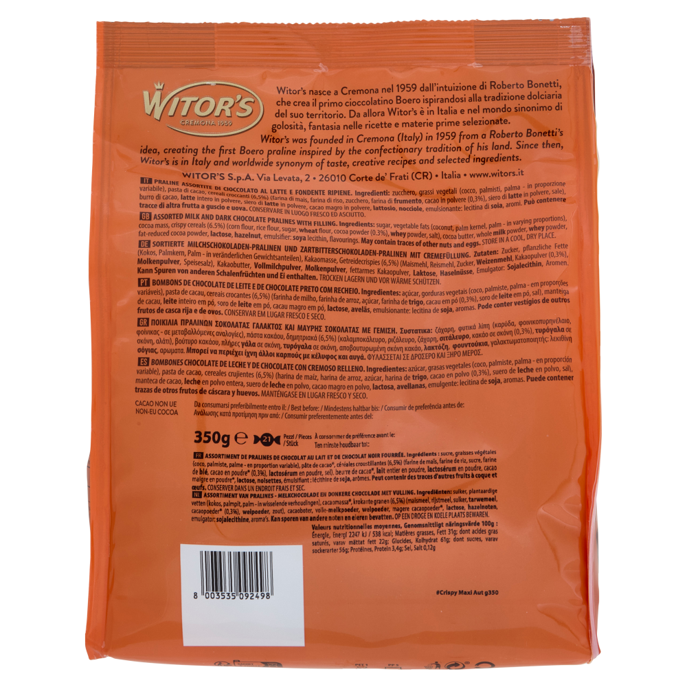 Witor's Crispy Praline di Cioccolato al Latte e Fondente con Cereali al Cacao 350 g