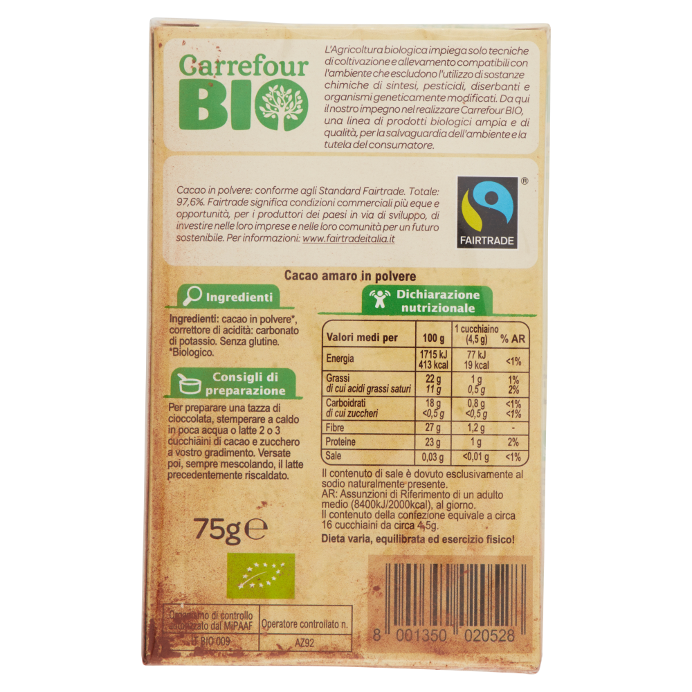Carrefour Bio Cacao Amaro in polvere 75 g