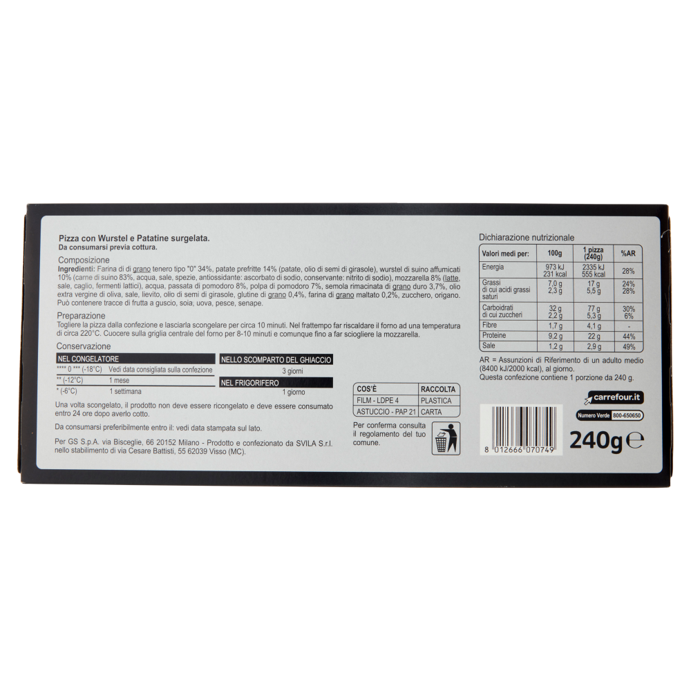 Carrefour Extra Pizza Wurstel e Patatine Formato Pala Surgelata 240 g