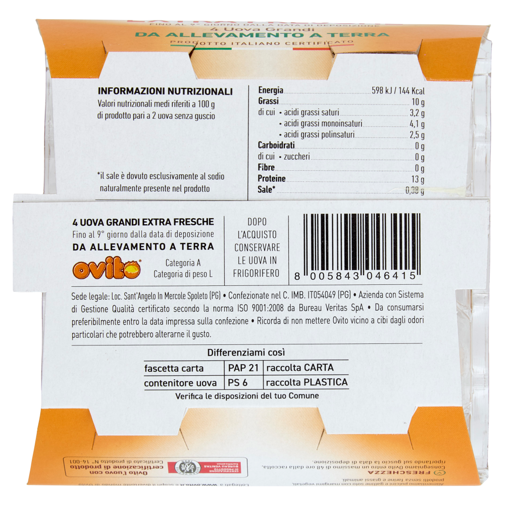 Ovito Extra Fresche 4 Uova Grandi da Allevamento a Terra
