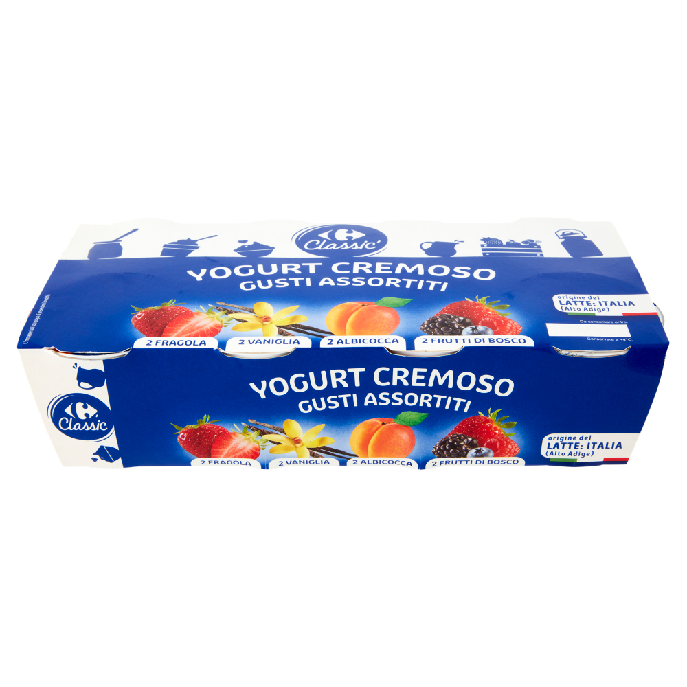 Carrefour Classic Yogurt Cremoso Gusti Assortiti Fragola Vaniglia Albicocca frutti di Bosco 8x125g