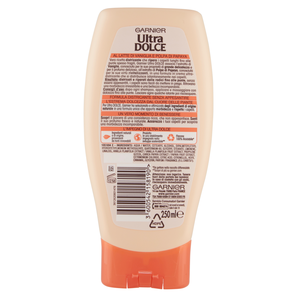 Garnier Ultra Dolce Balsamo al latte di Vaniglia e polpa Papaya per capelli lunghi e fragili, 250l