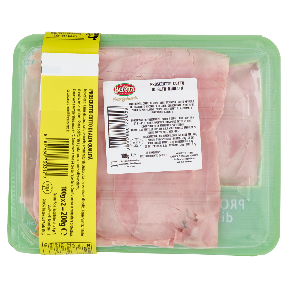 Fratelli Beretta Fresca Salumeria Prosciutto Cotto di Alta Qualit&agrave; 2 x 100 g
