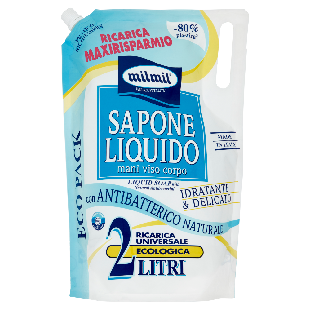 milmil Sapone Liquido con Antibatterico Naturale Ricarica Universale Ecologica 2 Litri