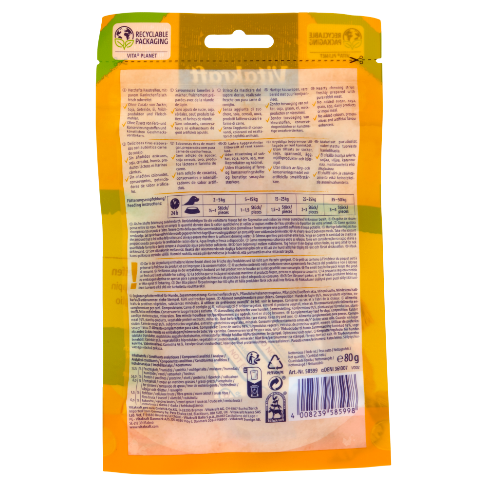 Vitakraft pure Rabbit Strips Strisce di carne di coniglio 80 g