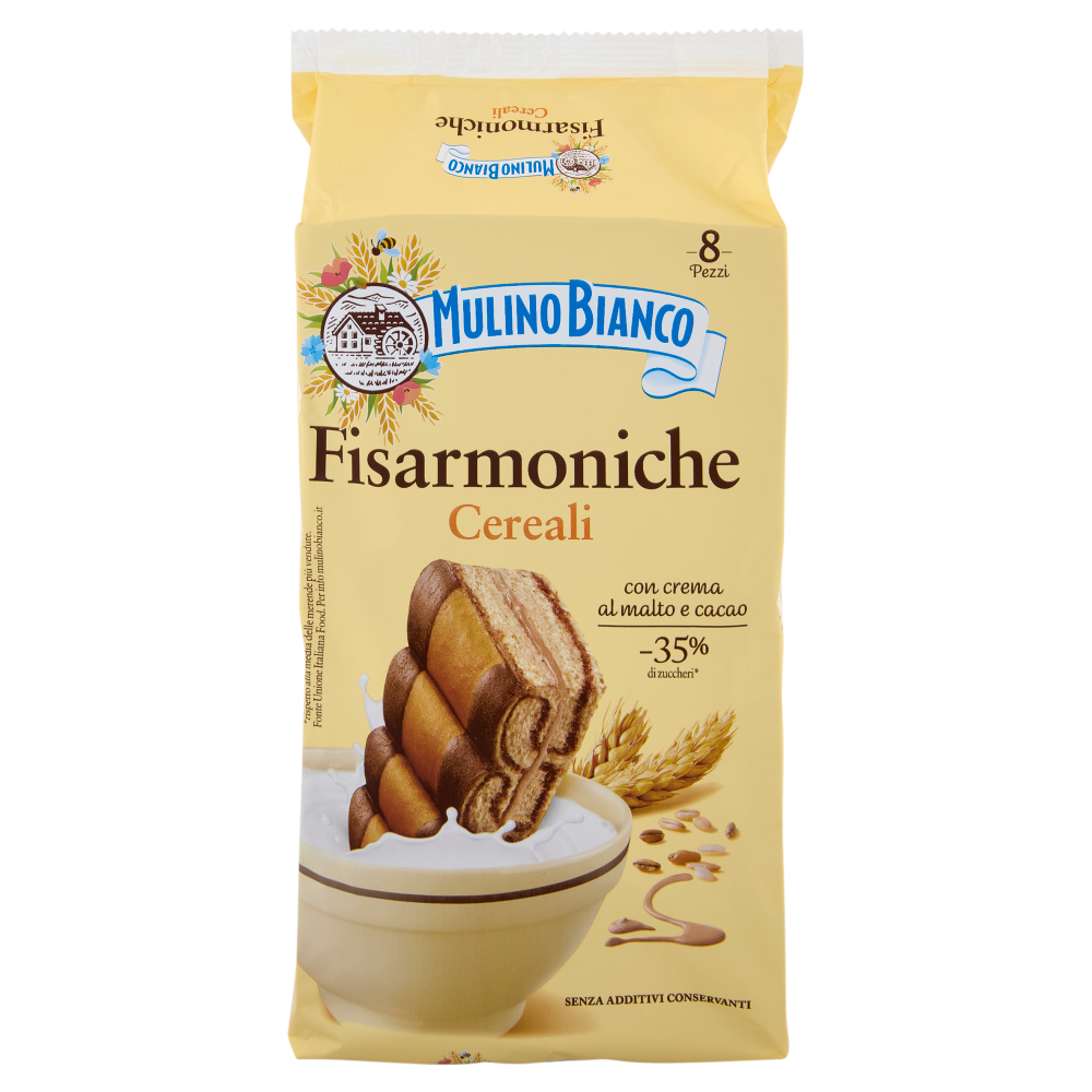 Mulino Bianco Fisarmoniche Merenda con 8 Cereali e Crema al Malto d'Orzo e Cacao 8 pezzi 296g