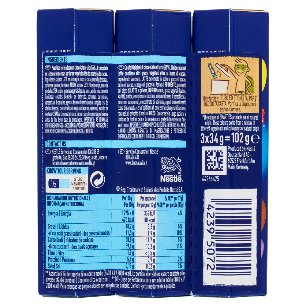 SMARTIES Confetti ripieni di Cioccolato al Latte 3 Tubi da 34g