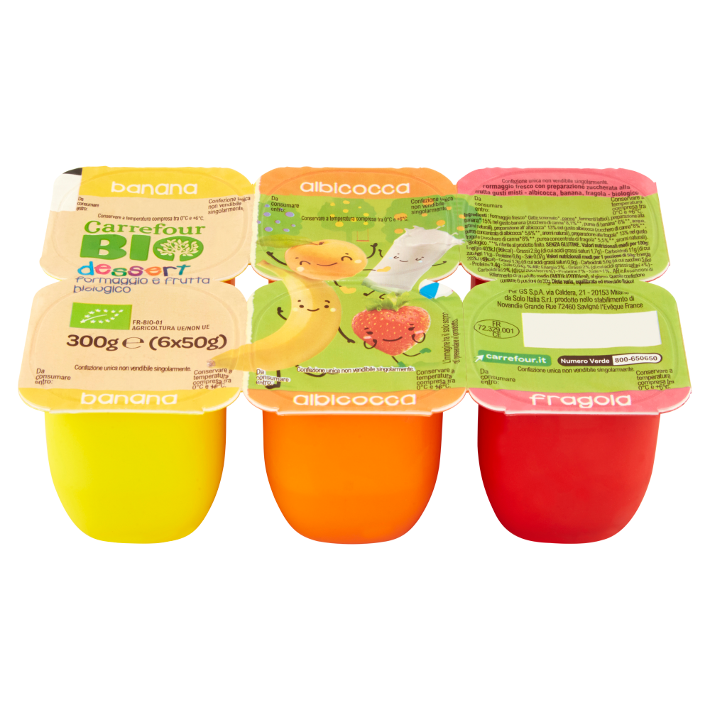 Carrefour Bio dessert formaggio e frutta biologico banana albicocca fragola 6 x 50 g
