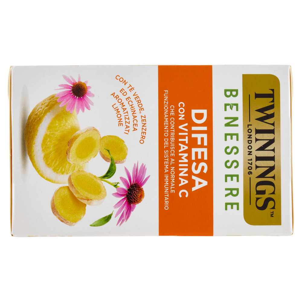 Twinings Benessere Difesa Tisana e Tè Verde, Zenzero aromatizzati Limone Vitamina C 18 filtri 36 g