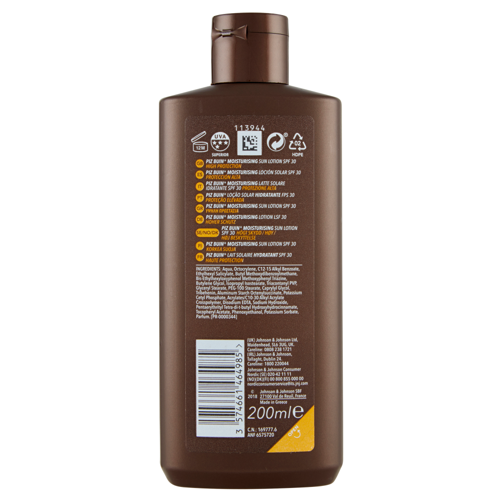Piz Buin Lozione Solare Idratante, 30 SPF, Protezione Alta, 200ml