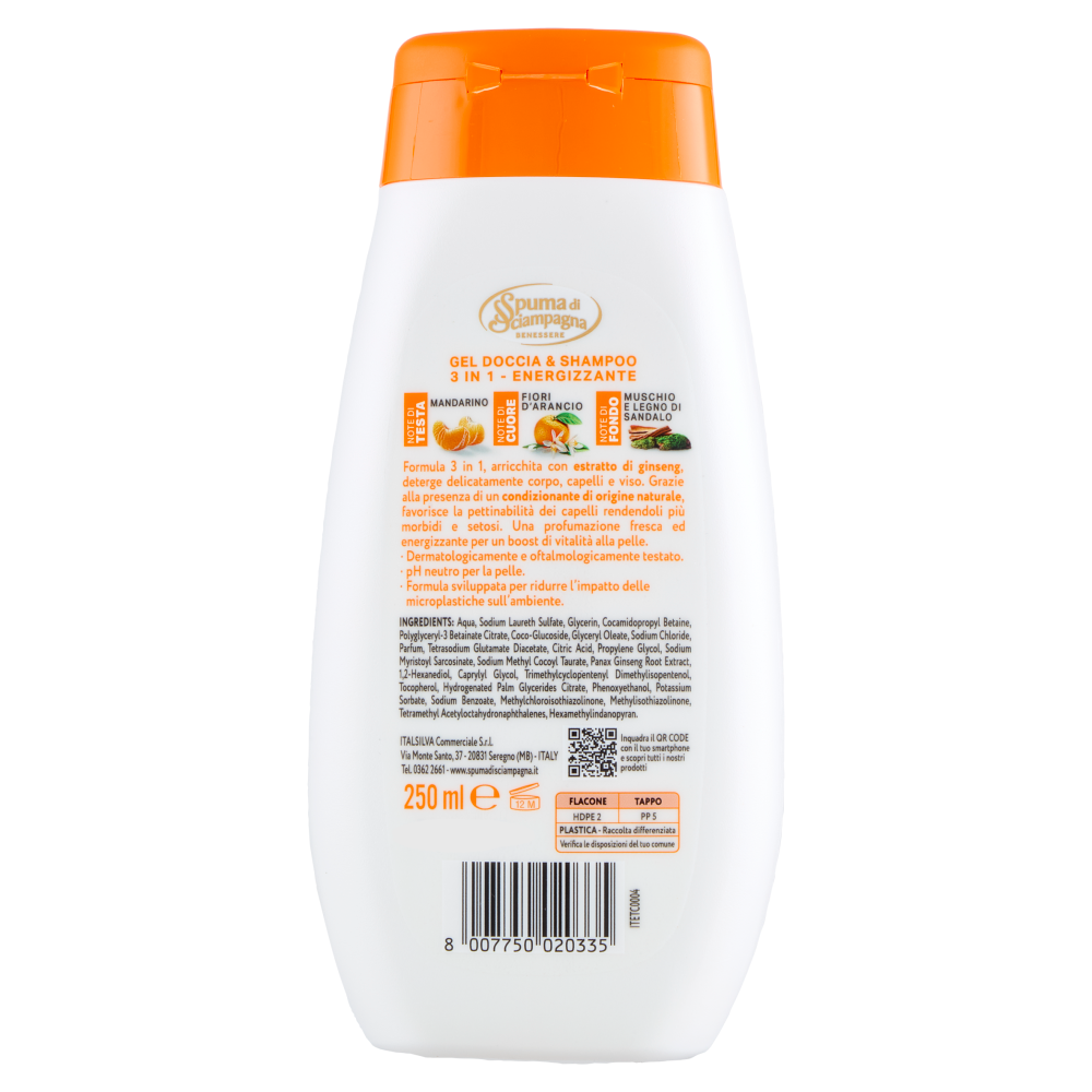 Spuma di Sciampagna Benessere Gel Doccia & Shampoo Energizzante Ginseng 250 ml