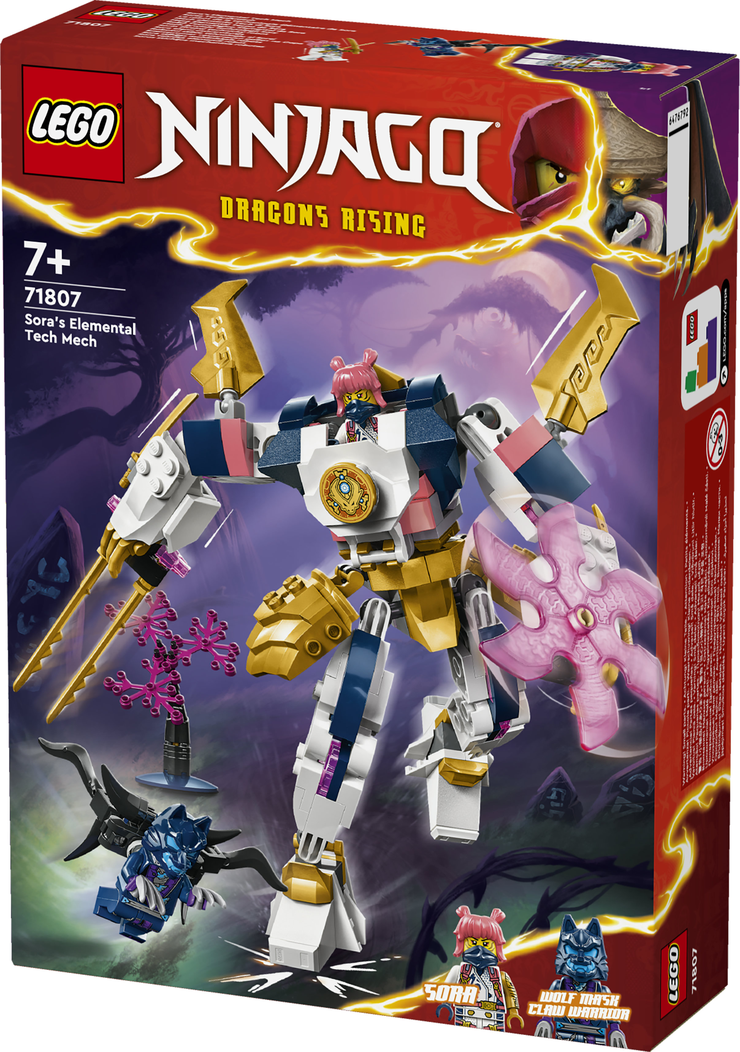 LEGO NINJAGO 71807 Mech Elemento Tech di Sora, Giochi per Bambini 7+ Anni, Action Figure Snodabile e 2 Minifigure, Regalo Ninja