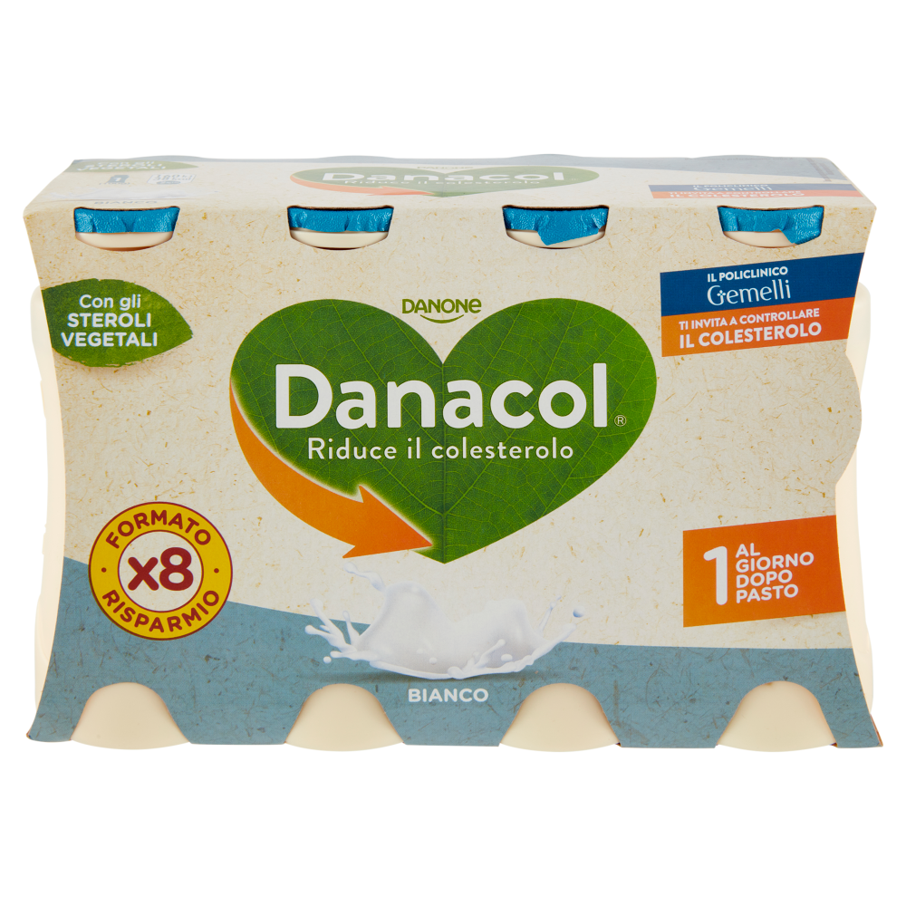 DANACOL Yogurt da bere, Riduce il Colesterolo grazie agli Steroli Vegetali, Bianco Naturale, 8x100g