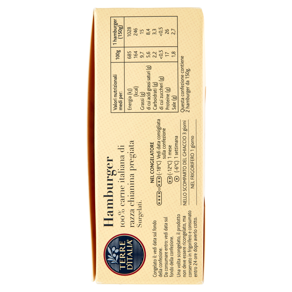 Terre d'Italia Hamburger 100% carne italiana di razza chianina pregiata Surgelati 2 x 150 g