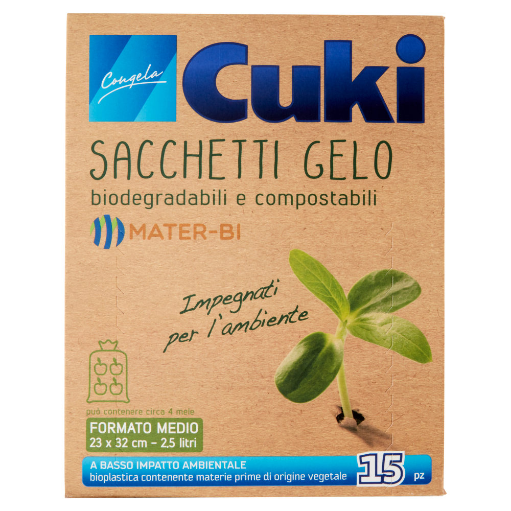 Cuki Congela Sacchetti Gelo biodegradabili e compostabili Formato Medio 23x32 cm - 2,5 litri 15 pz
