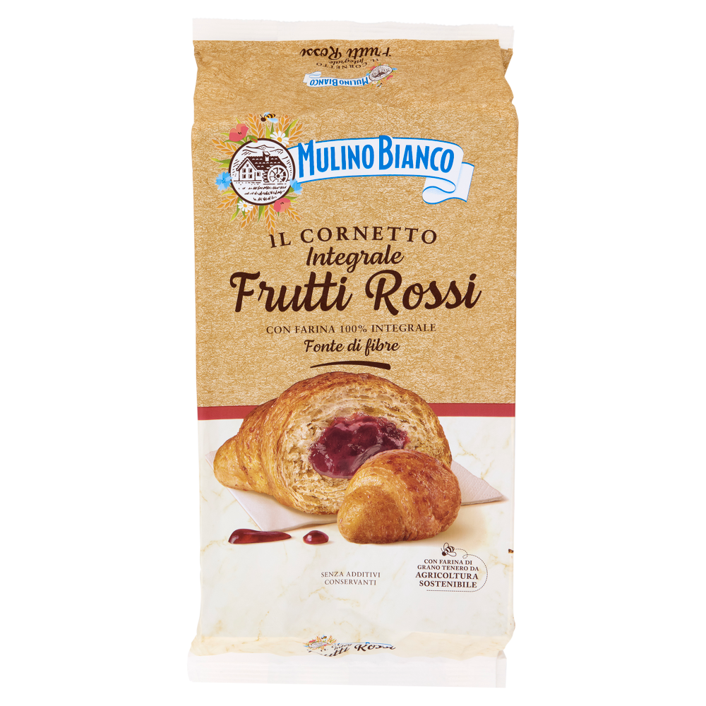 Mulino Bianco Cornetti Integrali Frutti Rossi Merenda con 100% Farina Integrale 6 pezzi 300g