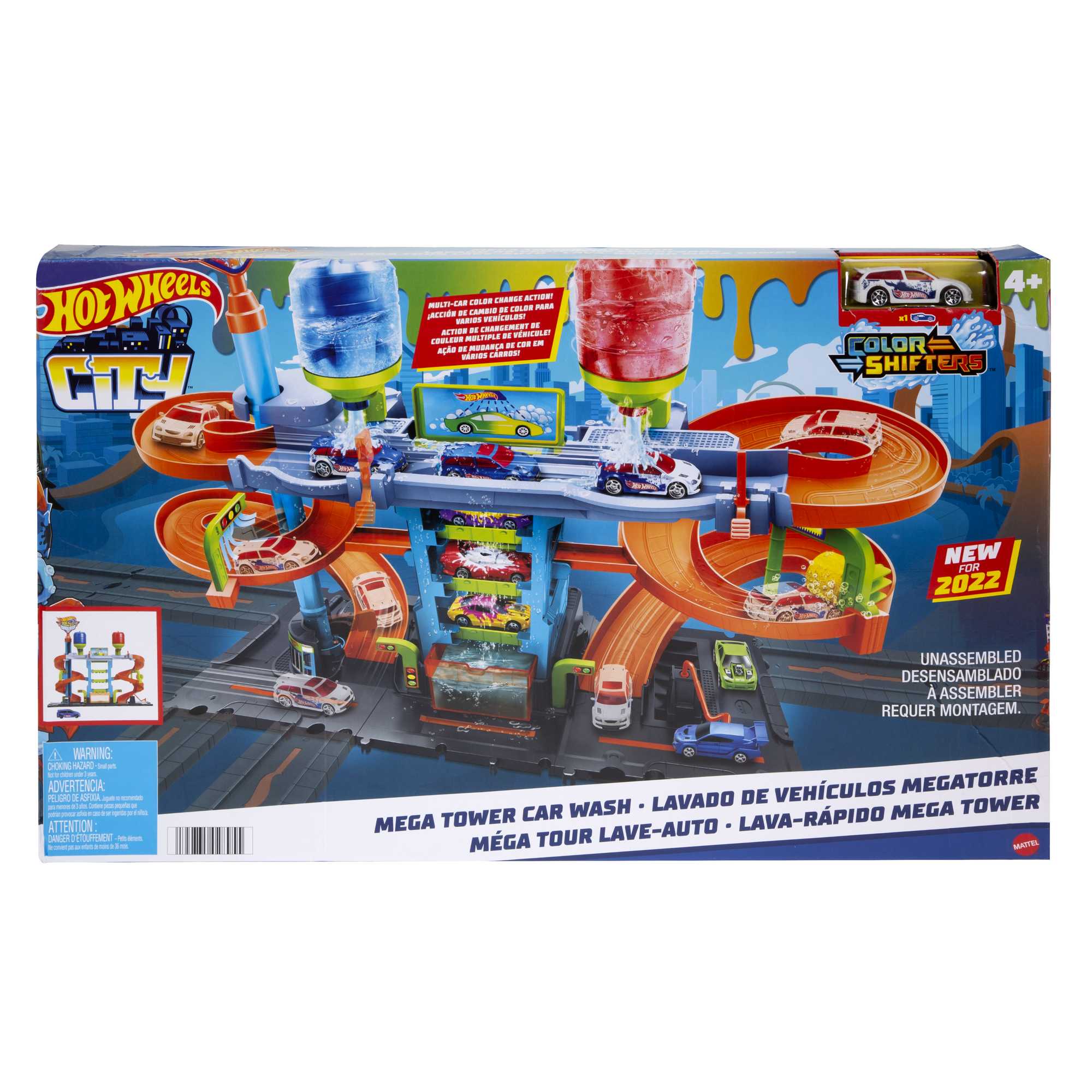 Hot Wheels City Mega Torre Autolavaggio, include 1 macchinina Color Shifters e pratici serbatoi per acqua, si collega ad altri set, giocattolo per bambini 4+ Anni