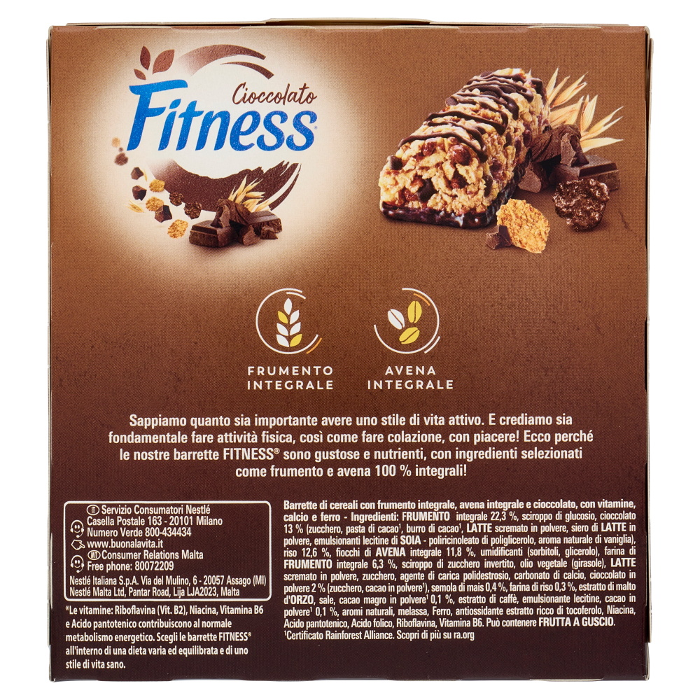 FITNESS Chocolate Barrette Cereali Integrali con Cioccolato Fondente 6 pezzi da 23,5g