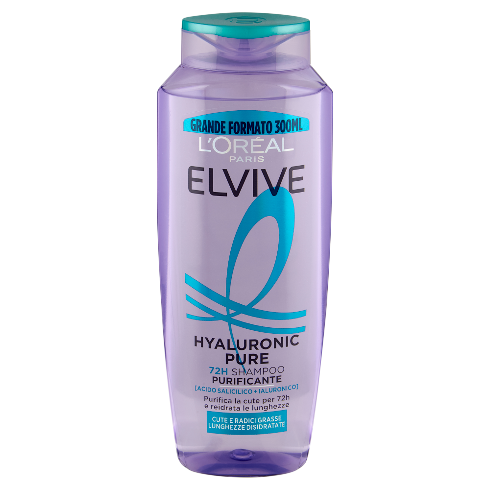 Elvive Hyaluronic Pure 72H Shampoo Purificante, per Cute e Radici Grasse, 300 ml