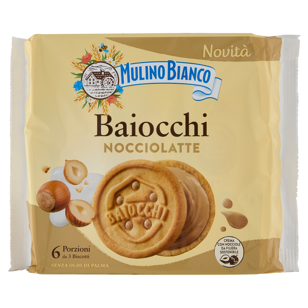 Mulino Bianco Baiocchi Snack Biscotti Farciti con Crema Nocciole e Latte Nocciole 100% Italiane 168g
